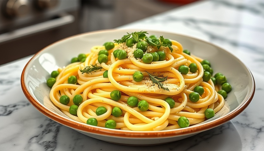 Creamy Garlic Lemon Pasta with peas and herbs on a ceramic dish.