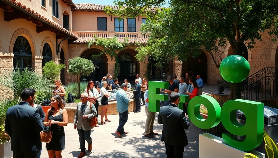 Corporate networking event with JFrog sign in a sunny courtyard.