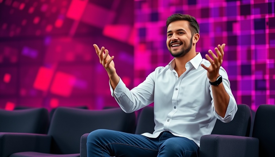 Man gesturing on stage amidst vibrant digital backdrop.