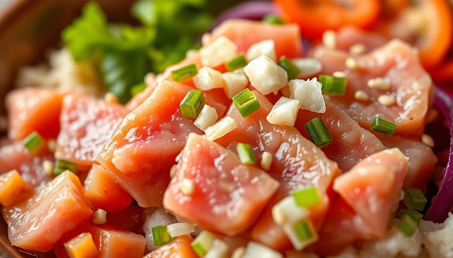 Tuna poke with vibrant garnishes in natural daylight.