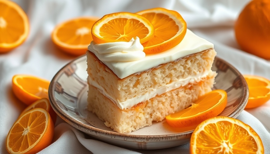 Orange Creamsicle Tres Leches Cake slice with orange slice and petals.