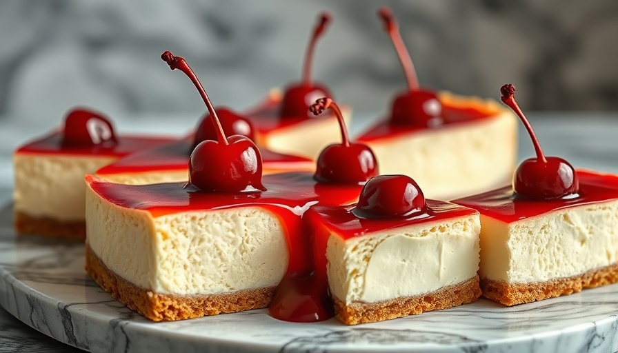 Cherry cheesecake slices on a marble background. Desserts Worth the Chaos.