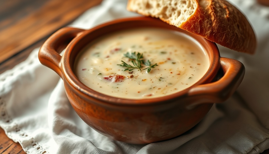 Comforting Southern recipes: creamy soup in a bread bowl on clay dish.