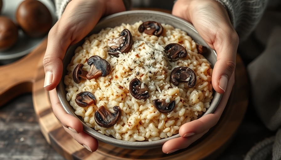 Rustic wild mushroom risotto recipe served with cheese.