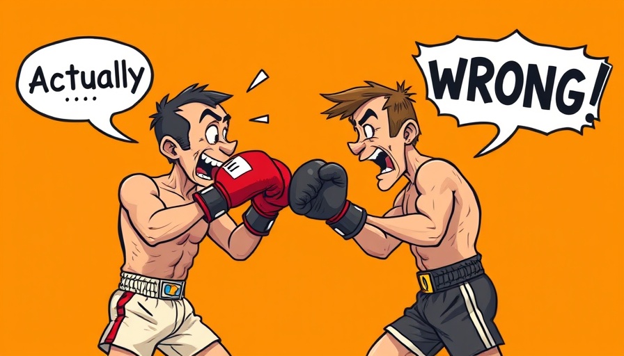 Cartoon boxers with 'Actually...' and 'WRONG' text bubbles on orange background, AI persuasion concept.