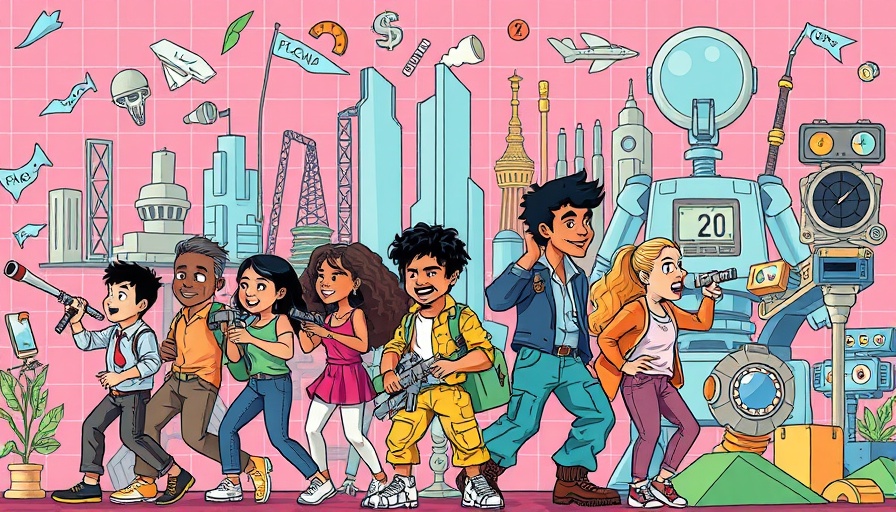 Colorful cartoon of diverse figures examining technology, economy, energy overlap.