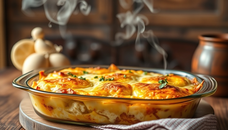 Healthy brunch recipe with homemade breakfast casserole on a wooden table.