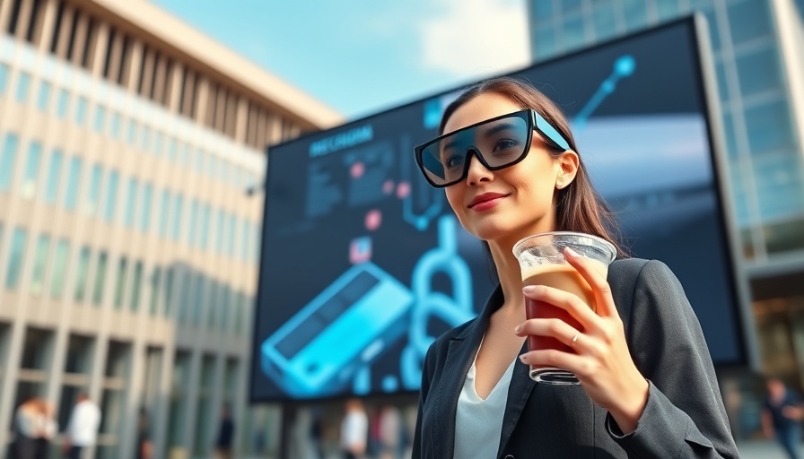 A woman wearing Google AI glasses on a large screen at a tech event.