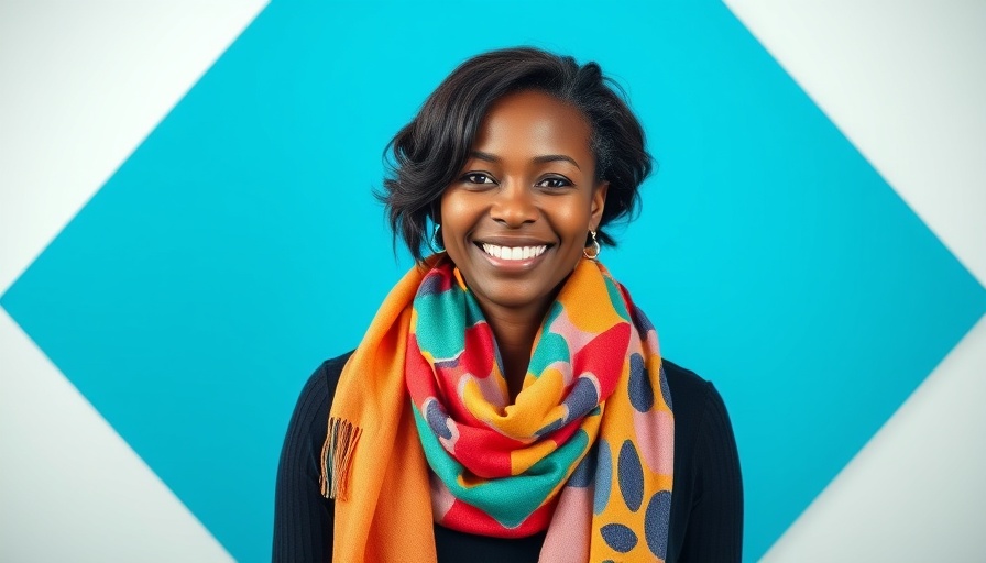 Smiling woman with scarf against blue geometric background promoting Ina Garten comfort food recipe.
