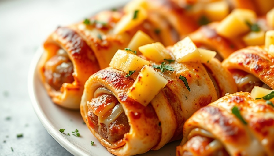 Delicious mini pizza pigs in a blanket topped with cheese and pineapple.