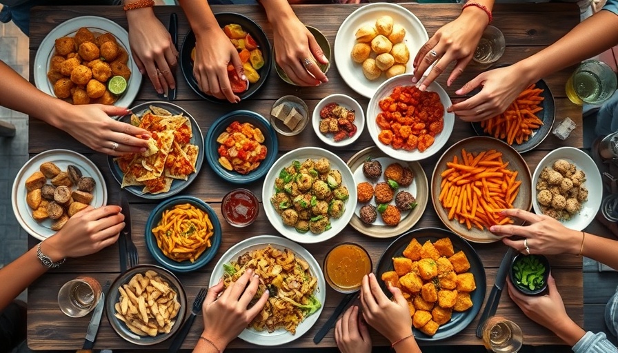 Diverse appetizers at a communal dining table, hands reaching for food.