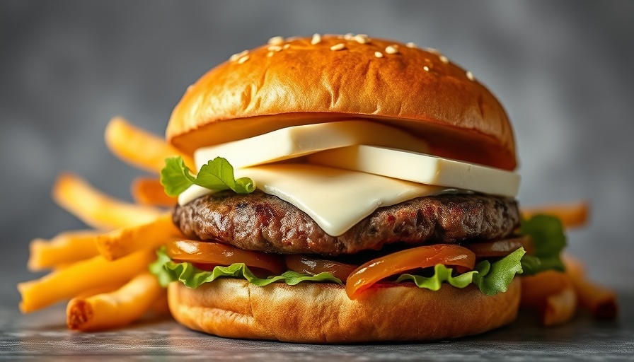 Juicy goat cheese burger with crispy fries on wooden board.