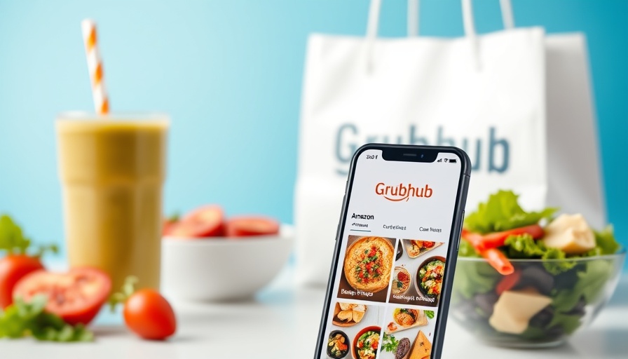 Amazon Grubhub app on phone with food and smoothie, Amazon Grubhub partnership impact.