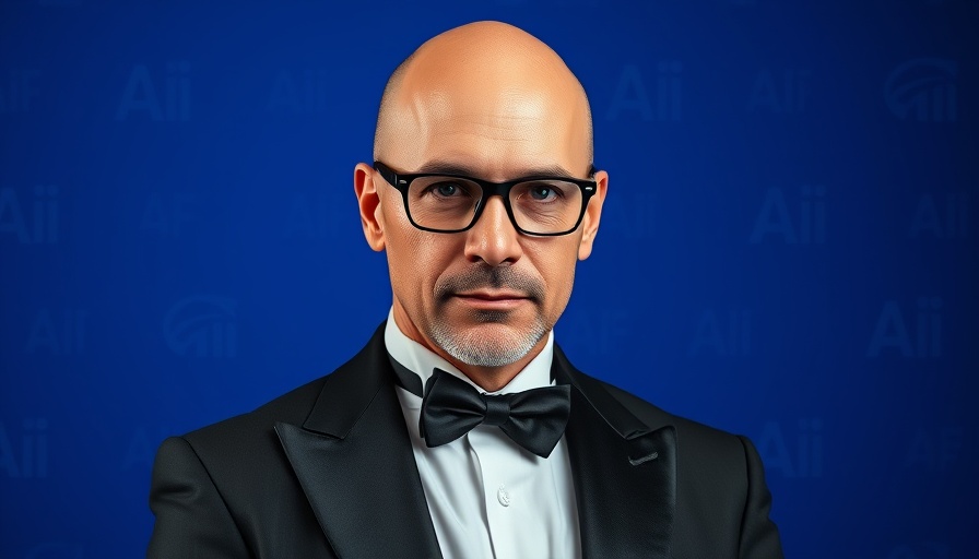 Distinguished man in a tuxedo with AI logo background, AI Device Innovations