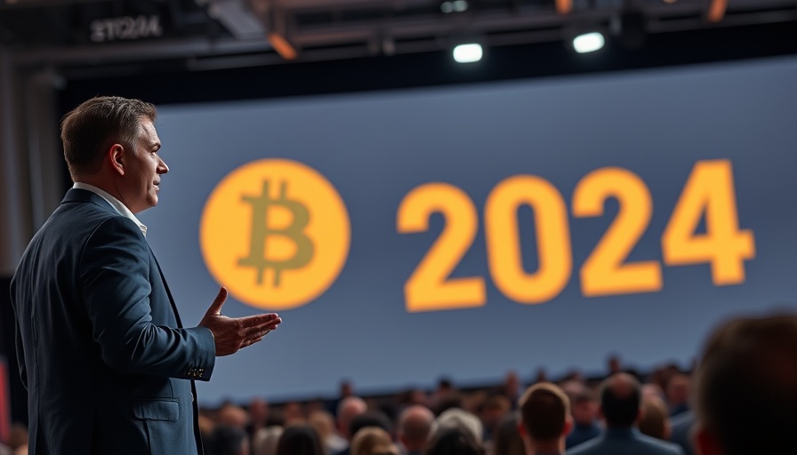 Speaker at Bitcoin 2024 conference on stage, addressing the audience.