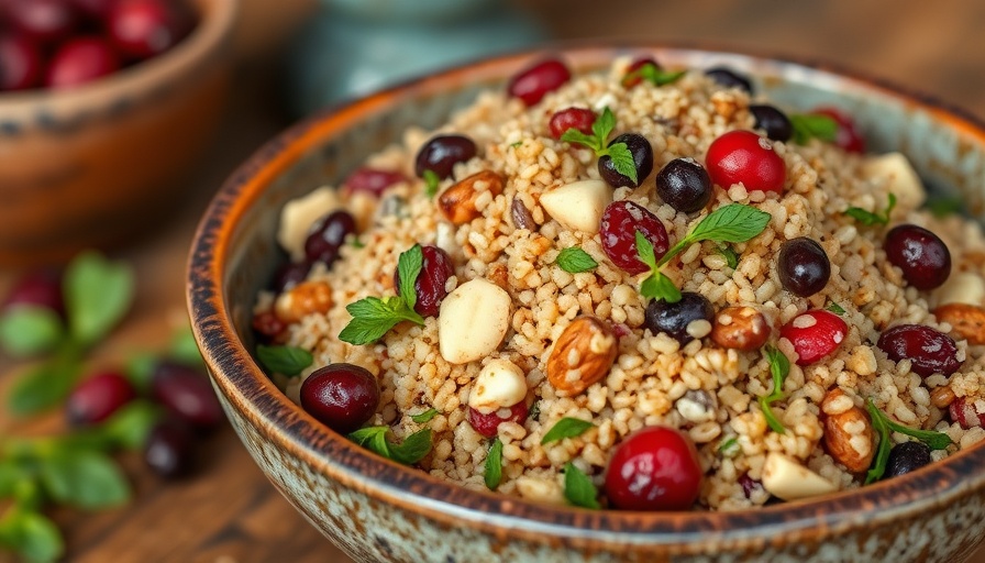 Colorful quinoa salad showcasing plant-based proteins in a rustic bowl.