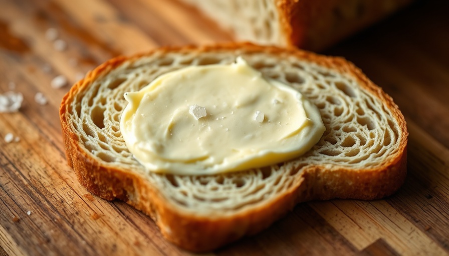 Homemade cultured butter on fresh bread slice.