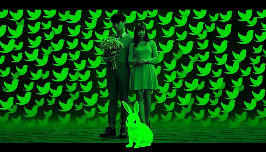 Surreal digital collage with people, tweets, and a neon green rabbit.