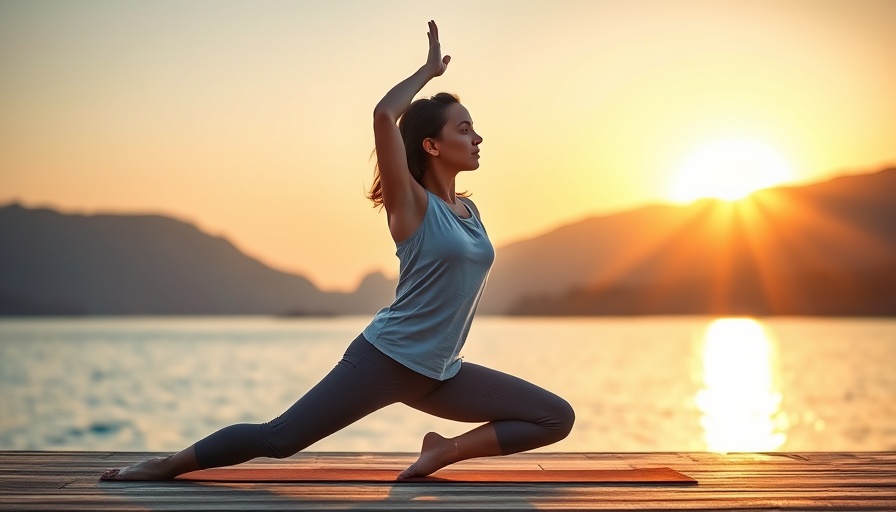 Relaxing nightly stretches by the lake at sunset.
