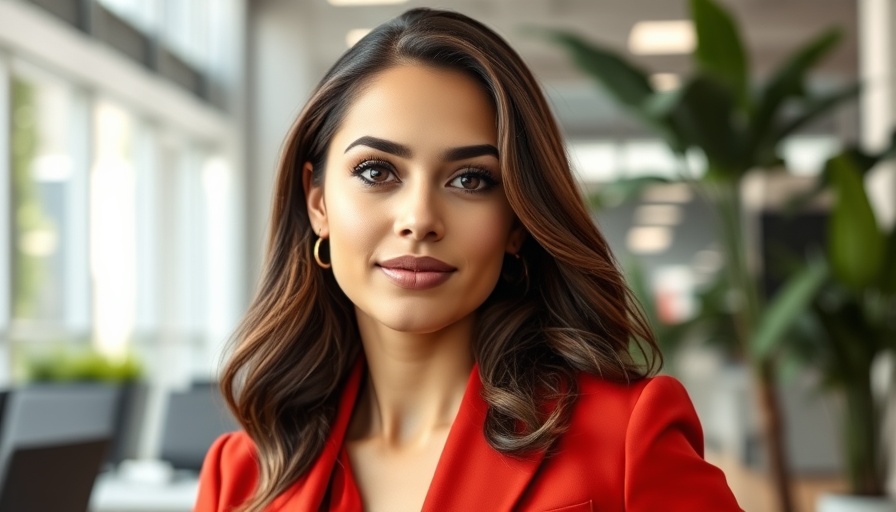 Confident female entrepreneur reflecting in office setting.