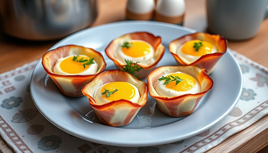 Appetizing ham and egg cups on a blue plate.