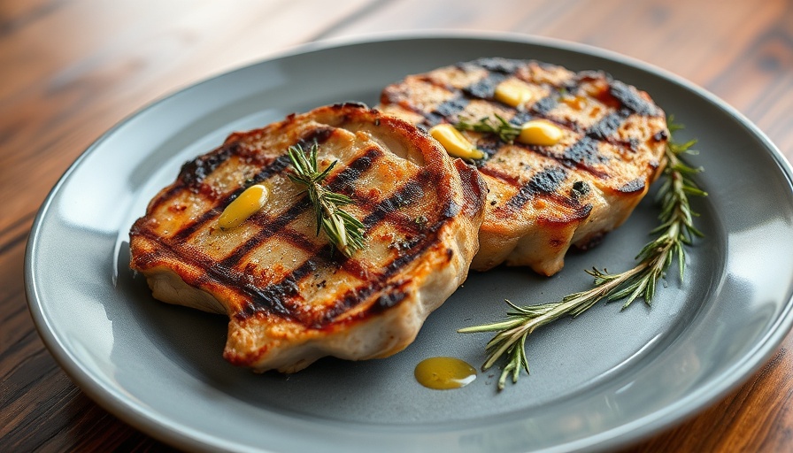 Juicy grilled rosemary Dijon pork chops on elegant plate.