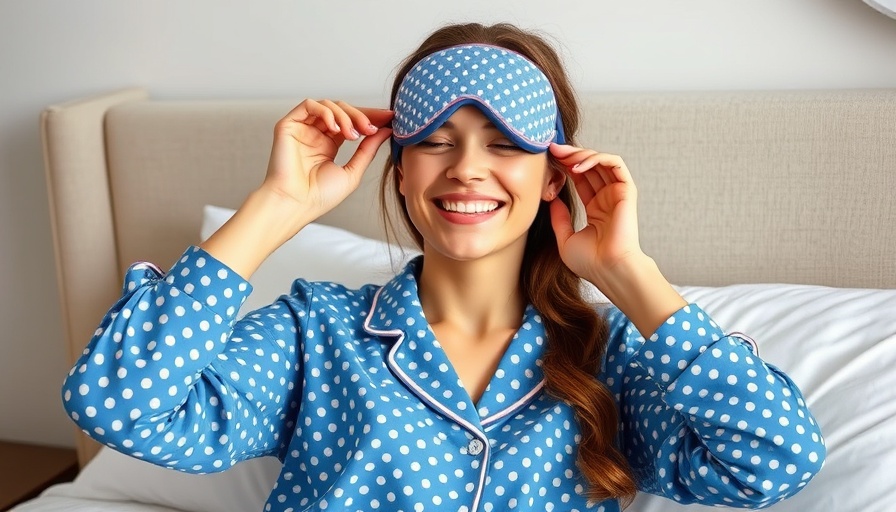 Smiling woman adjusts sleep mask for nightly stretches for sleep.