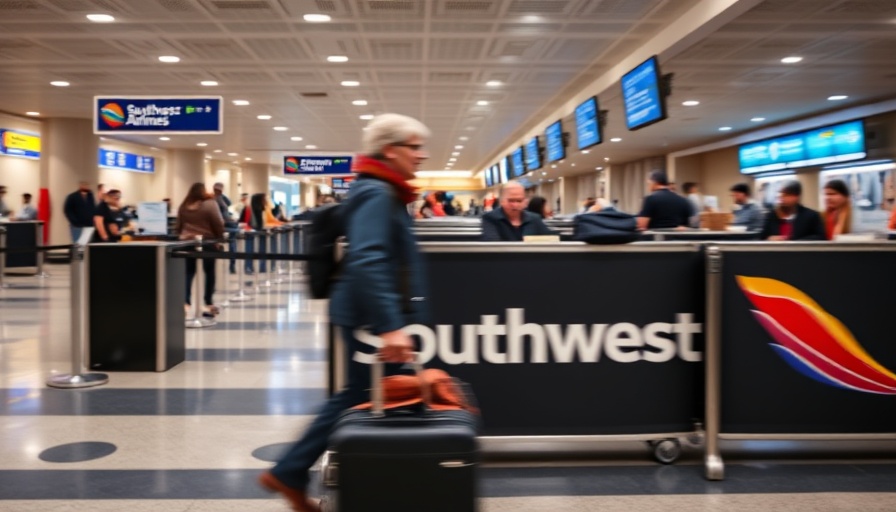 Traveler walks past Southwest Airlines check-in at the airport.