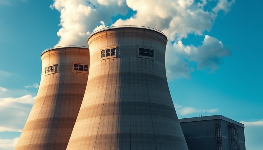 Cooling tower with steam against blue sky, nuclear fission startups.