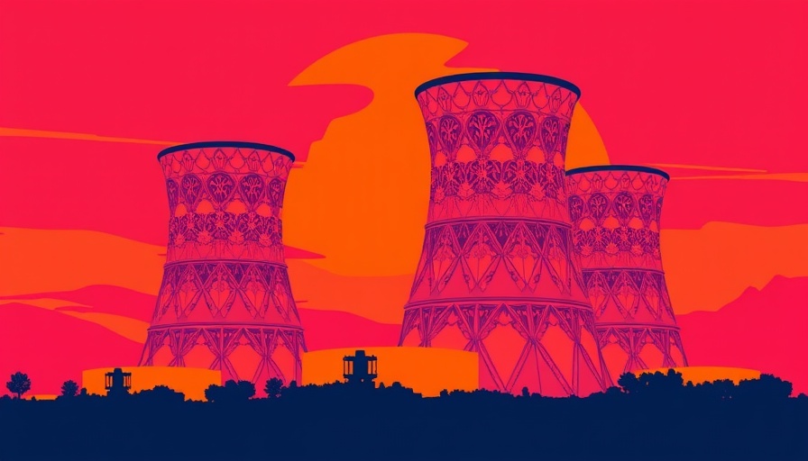 Retro nuclear cooling towers in vibrant colors, abstract art.