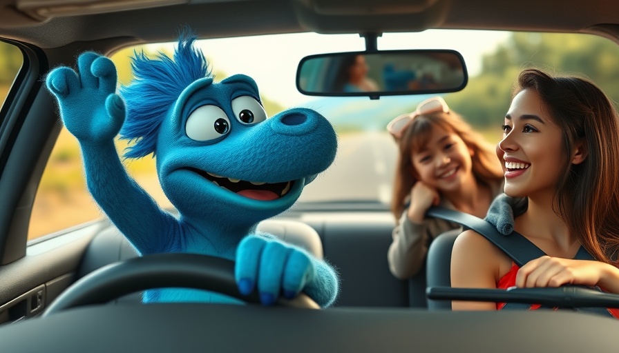 Animated creature driving with child, lively scene, movie theater stocks soar.