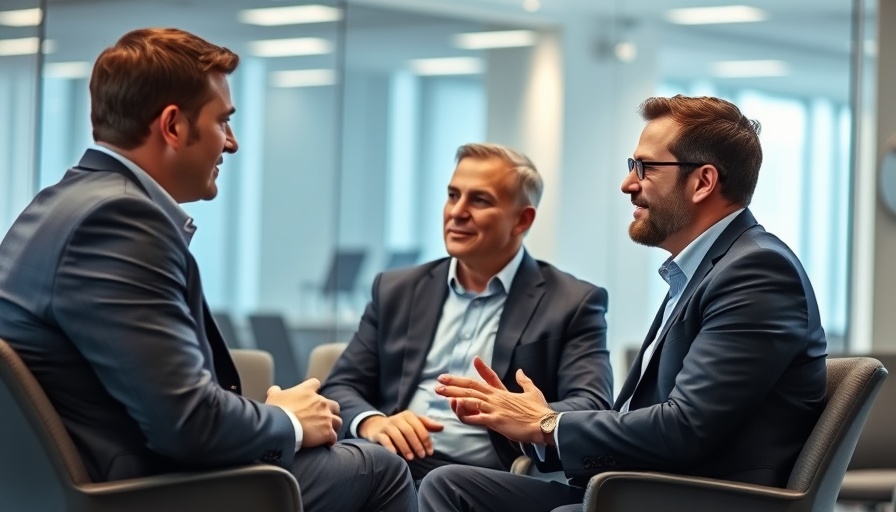 Professionals discussing in a modern office setting about hiring strategies.
