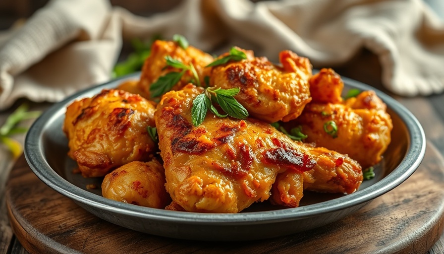 Golden lemongrass chicken, crispy texture on rustic plate.