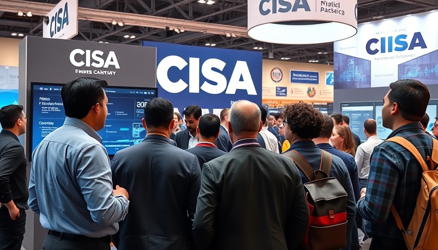 Cybersecurity professionals at CISA booth discussing strategies.