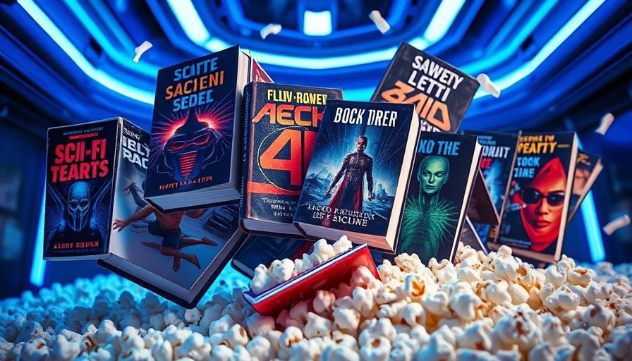 Sci-fi and fantasy books adaptations: vibrant book covers in futuristic setting.