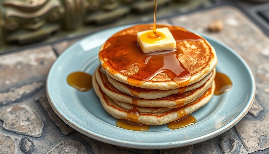 Whole wheat pancakes recipe with butter and syrup on blue plate.