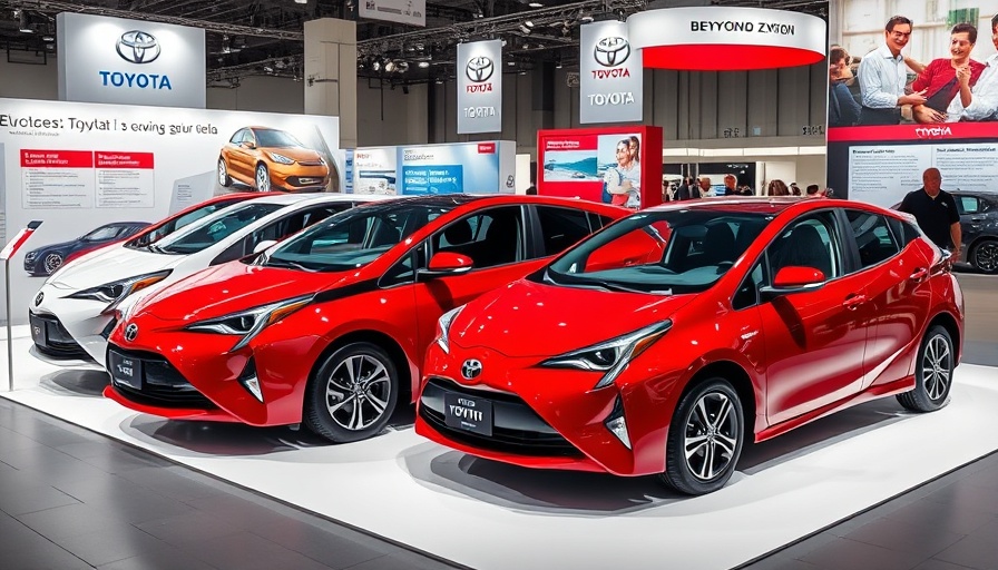 Toyota PHEV Strategy display with red and white cars at an auto expo.