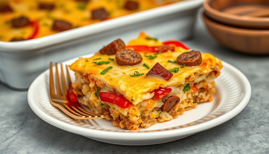 Hashbrown breakfast casserole slice with veggies and sausage on white plate.