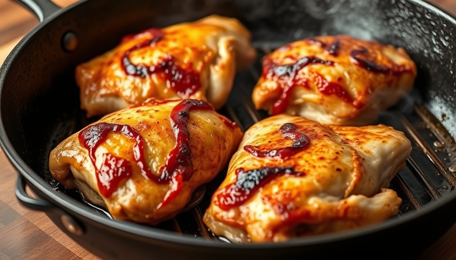 Juicy grill pan chicken thighs searing in a pan.