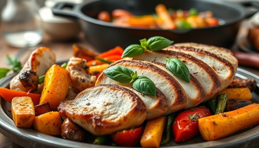 Vibrant low-carb dinner with chicken and vegetables on a white plate.