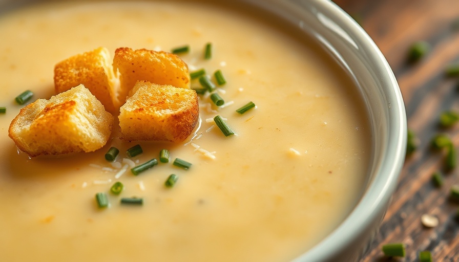 Easy Creamy Cheese Soups in a blue bowl with croutons and chives.