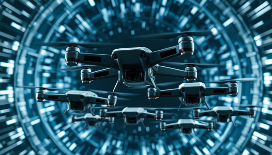 Futuristic drones in abstract microwave field, depicting AI growth.