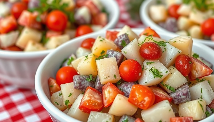 Red, white and blue potato salad in a white bowl on checkered cloth.