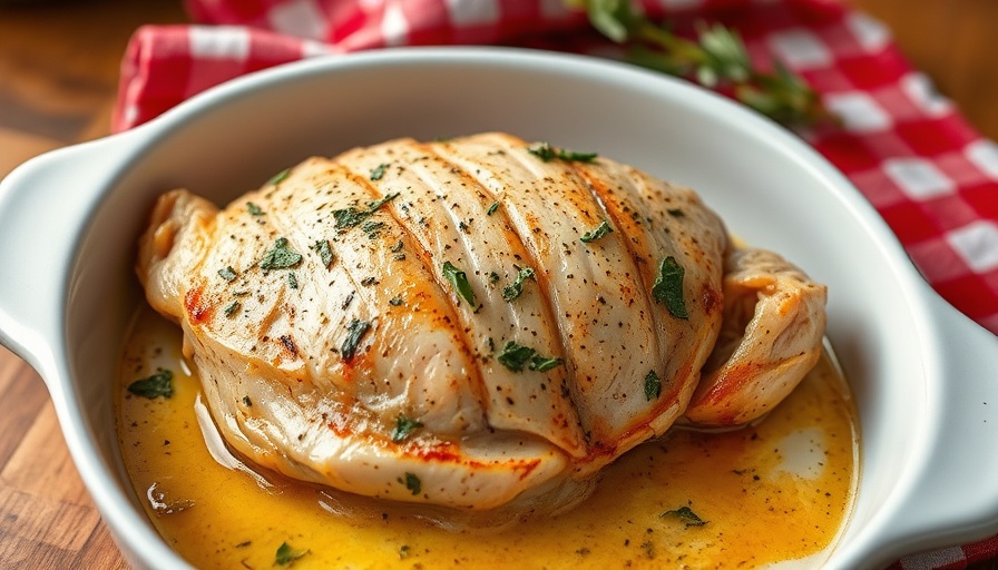 Juicy baked chicken breast recipe in white dish, seasoned with herbs.