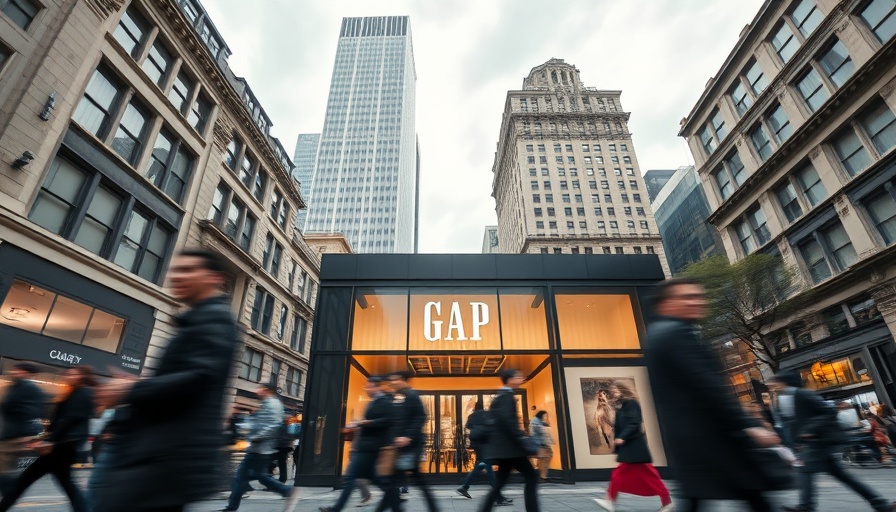 GAP store entrance with people walking by, motion blur, urban scene.