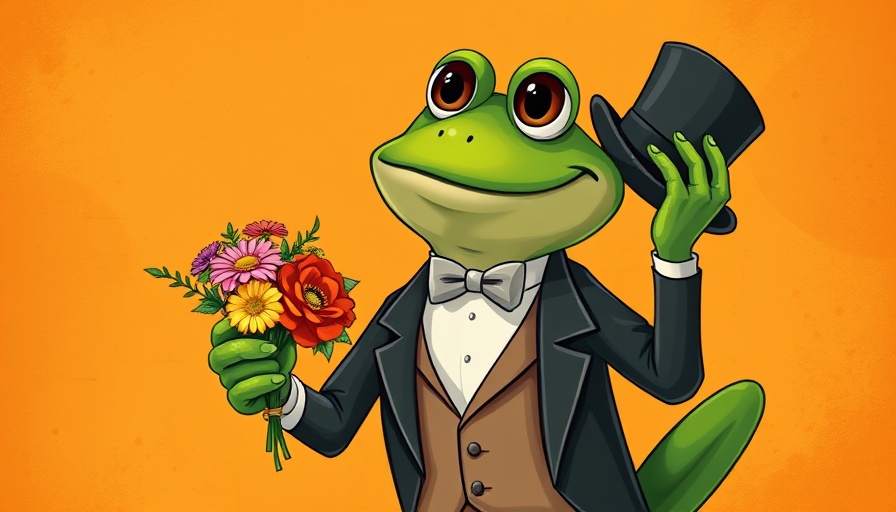 Whimsical frog in tuxedo tipping hat, AI sycophancy art.