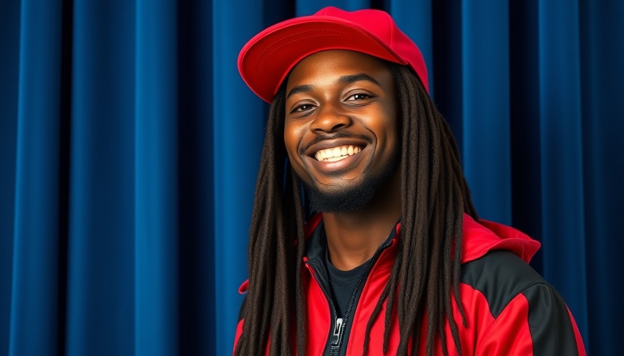 Smiling young man in red jacket, blue curtain background, Streamer University impact.
