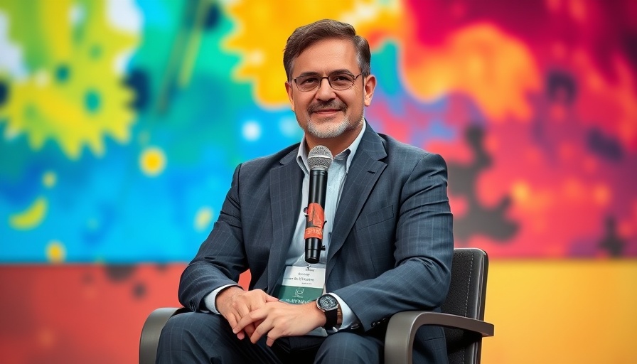 Middle-aged man speaking at event, discussing AI leadership
