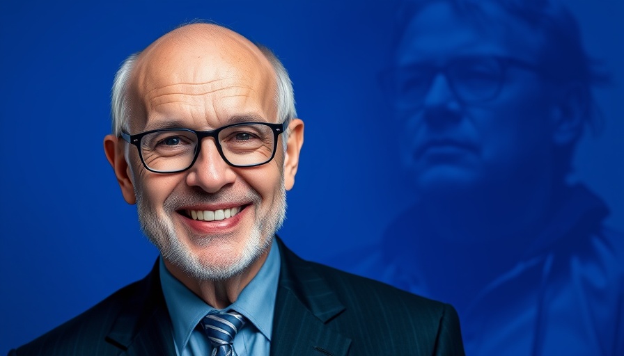 Bald man in glasses on blue background, focus on AI video ads investment.