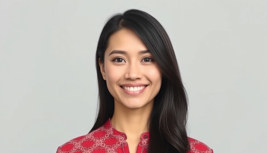 Smiling woman in red blouse, AI video generator context.
